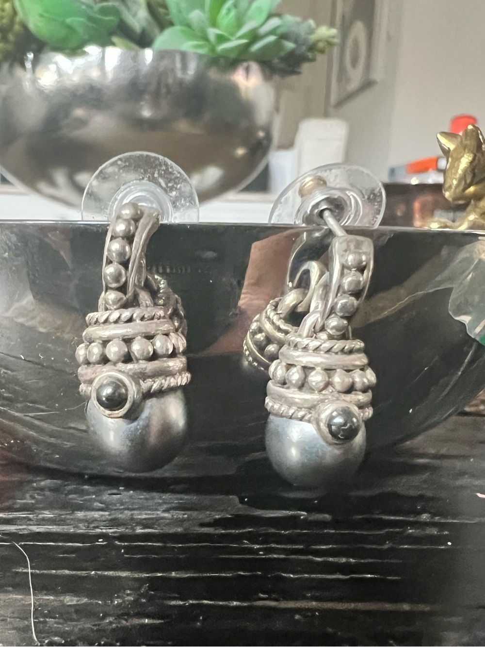 Pierced Silver Dangle Earrings with Grey Pearl